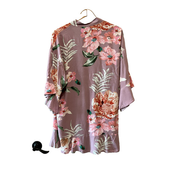 Women's oriental Floral Print ruffle Kimono swim Cover Up Blouse Top S-XL - Picture 2 of 8